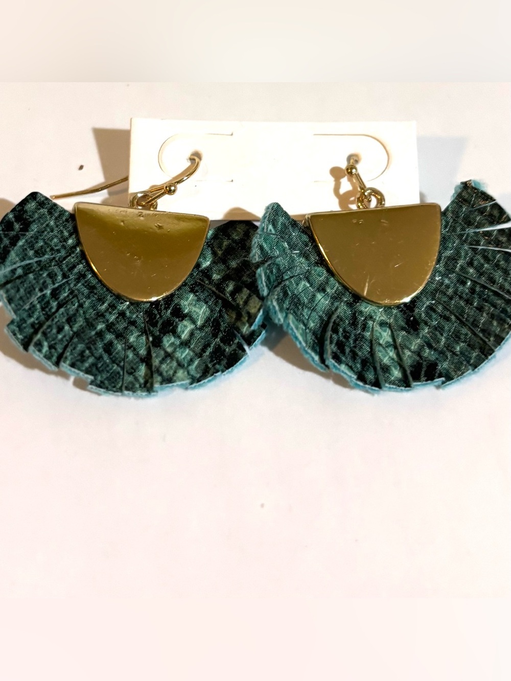 Gold and Teal Fan Drop leather Earrings - Women Jewelry